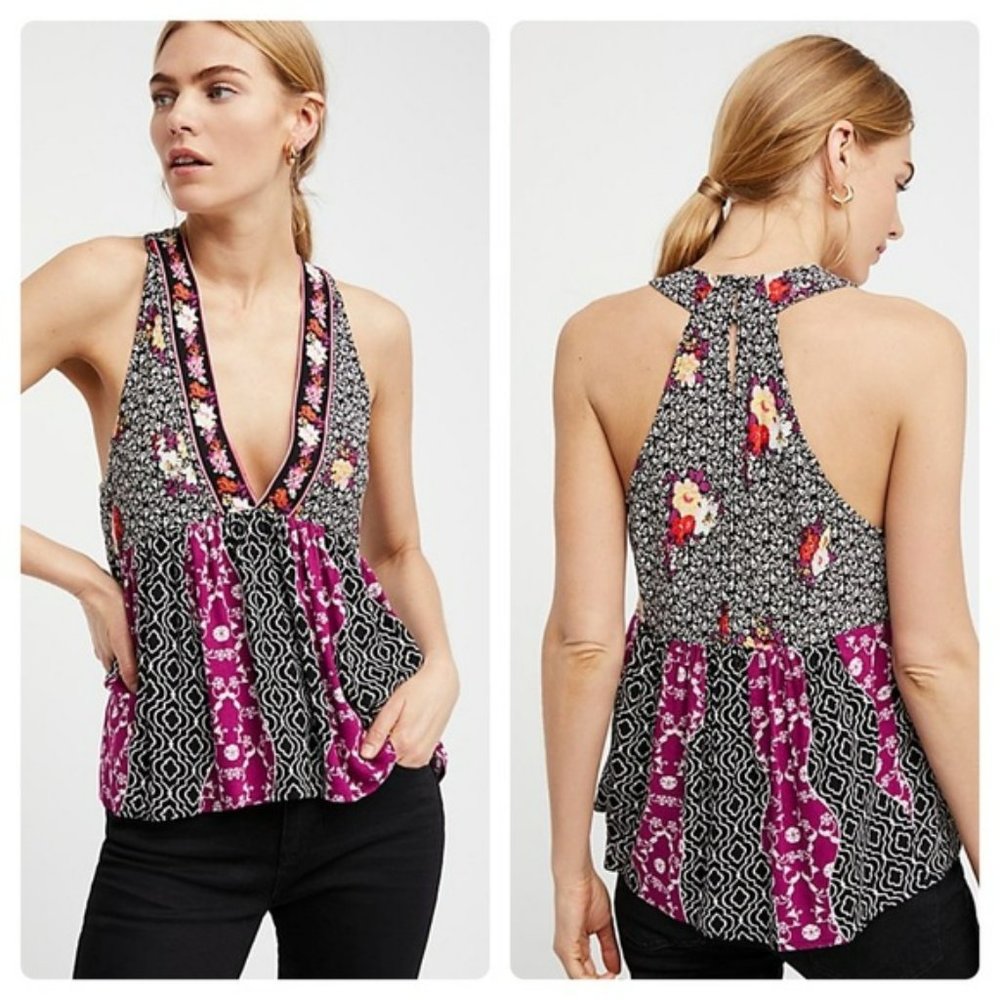 Free People Tank XS Dream Darlin Mixed Print Keyhole Floral
